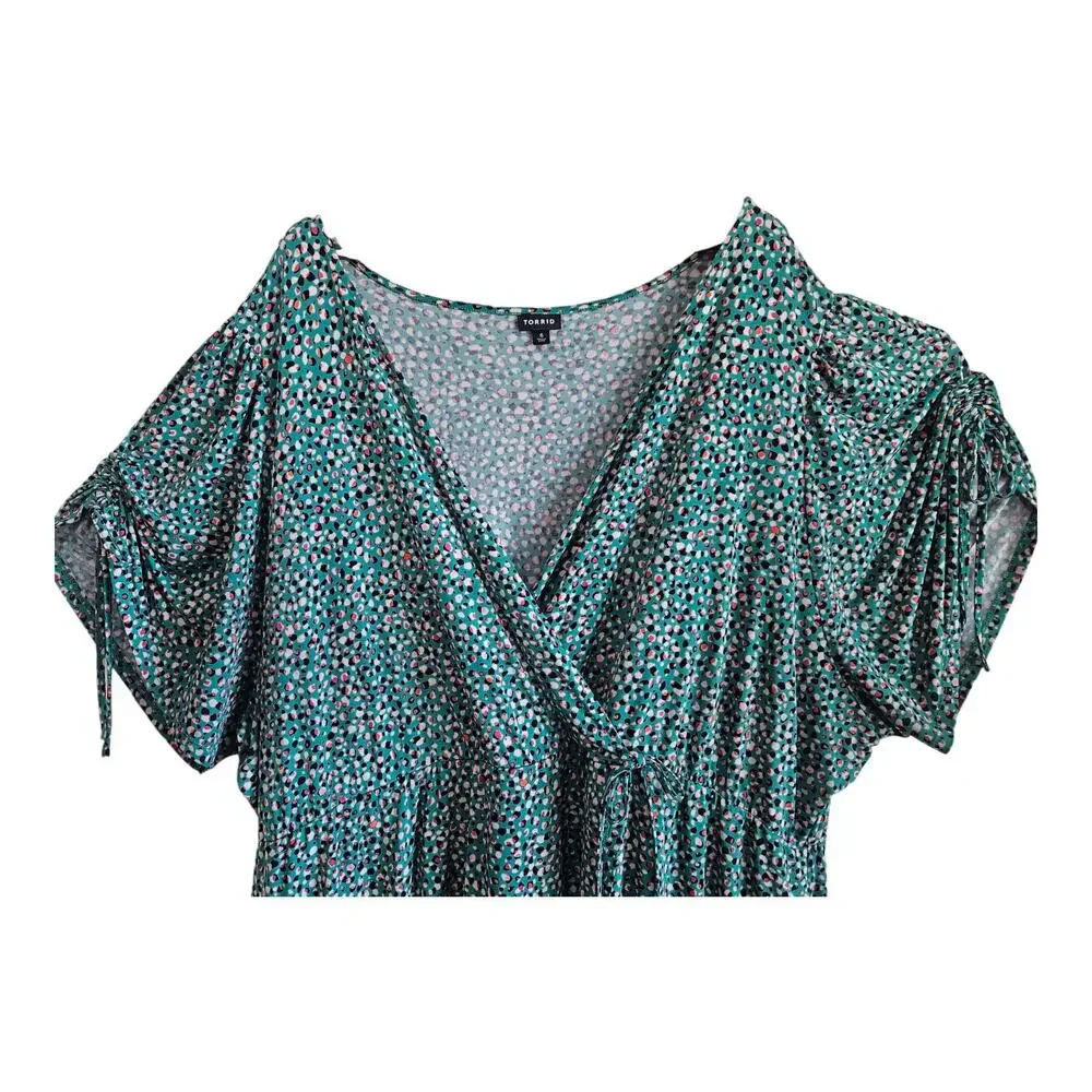TORRID 6 Women's 30 Dress Midi V-Neck Green Pink Black Dots Faux Wrap Jersey